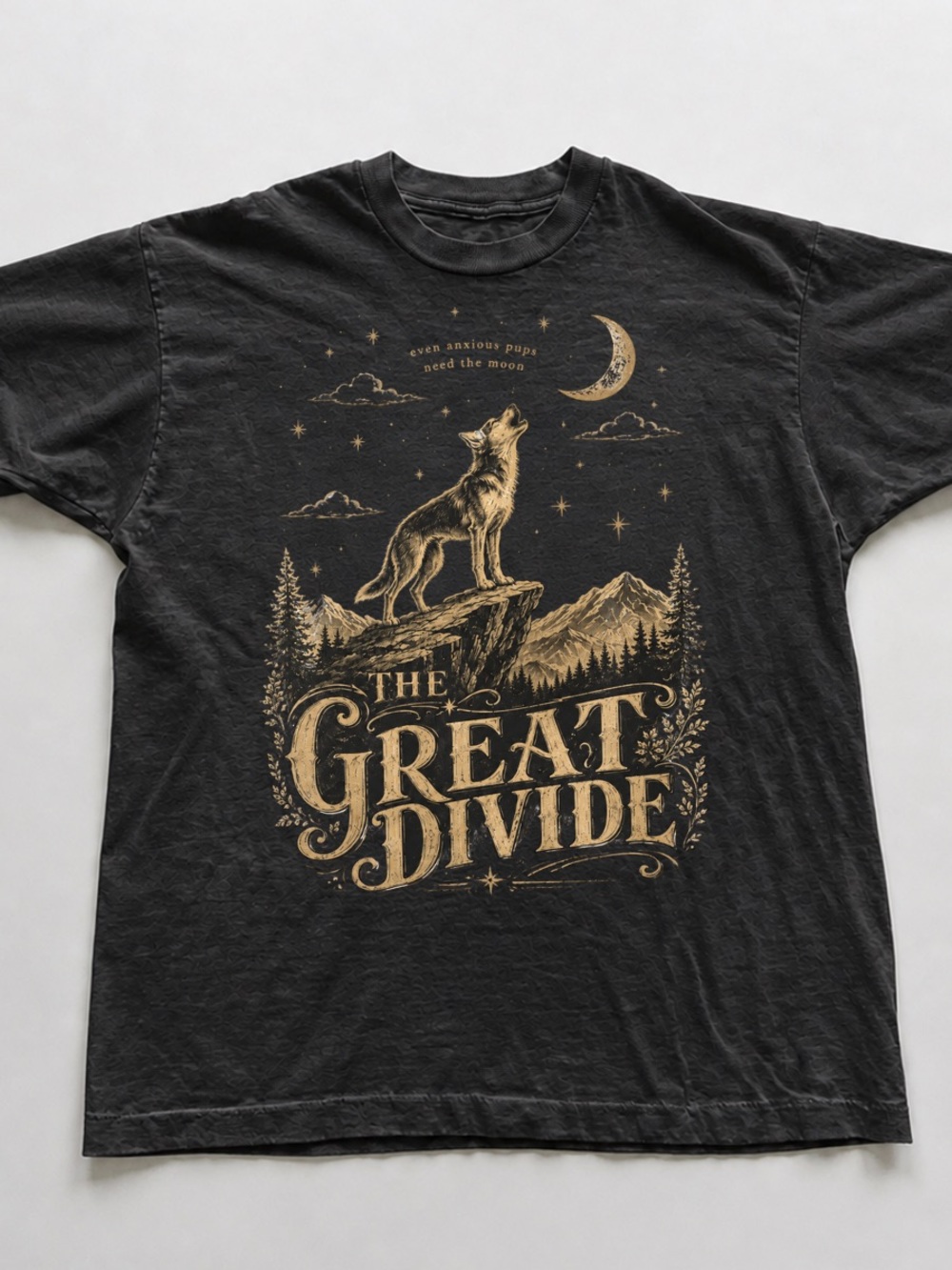 Gildan Black Tee with Gold Wolf Mountain Graphic